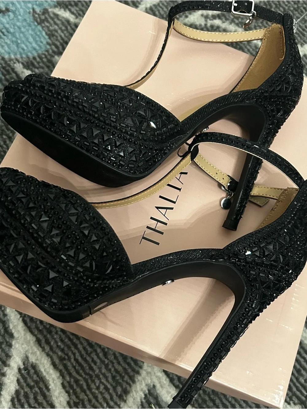 THALIA SODI Black Embellished T‑Strap Peep Toe Heels Size 8.5